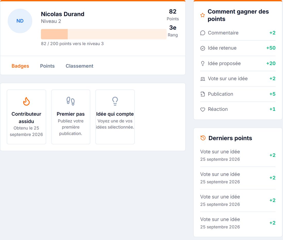Le tableau de gamification : niveau, points, badges et barème