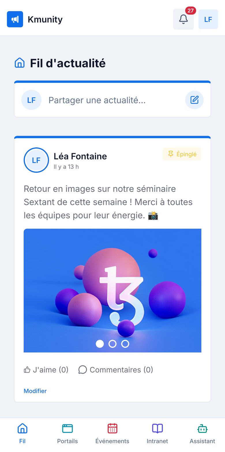 Le fil du Groupe Sextant sur téléphone, avec sa publication épinglée et les cinq onglets