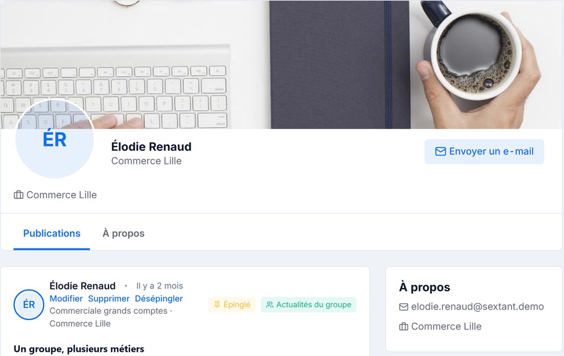 Le profil de Léa Fontaine, sa fonction Communication, son adresse de contact et le début de ses publications