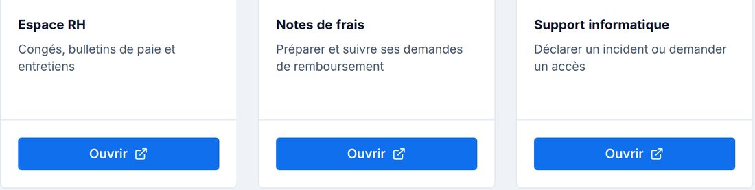 Les trois portails Sextant : Espace RH, Notes de frais et Support informatique, avec leurs boutons Ouvrir